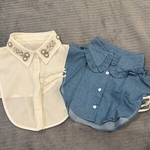 Embellished White Detachable Collar + Blue Ruffled Denim Detachable Collar